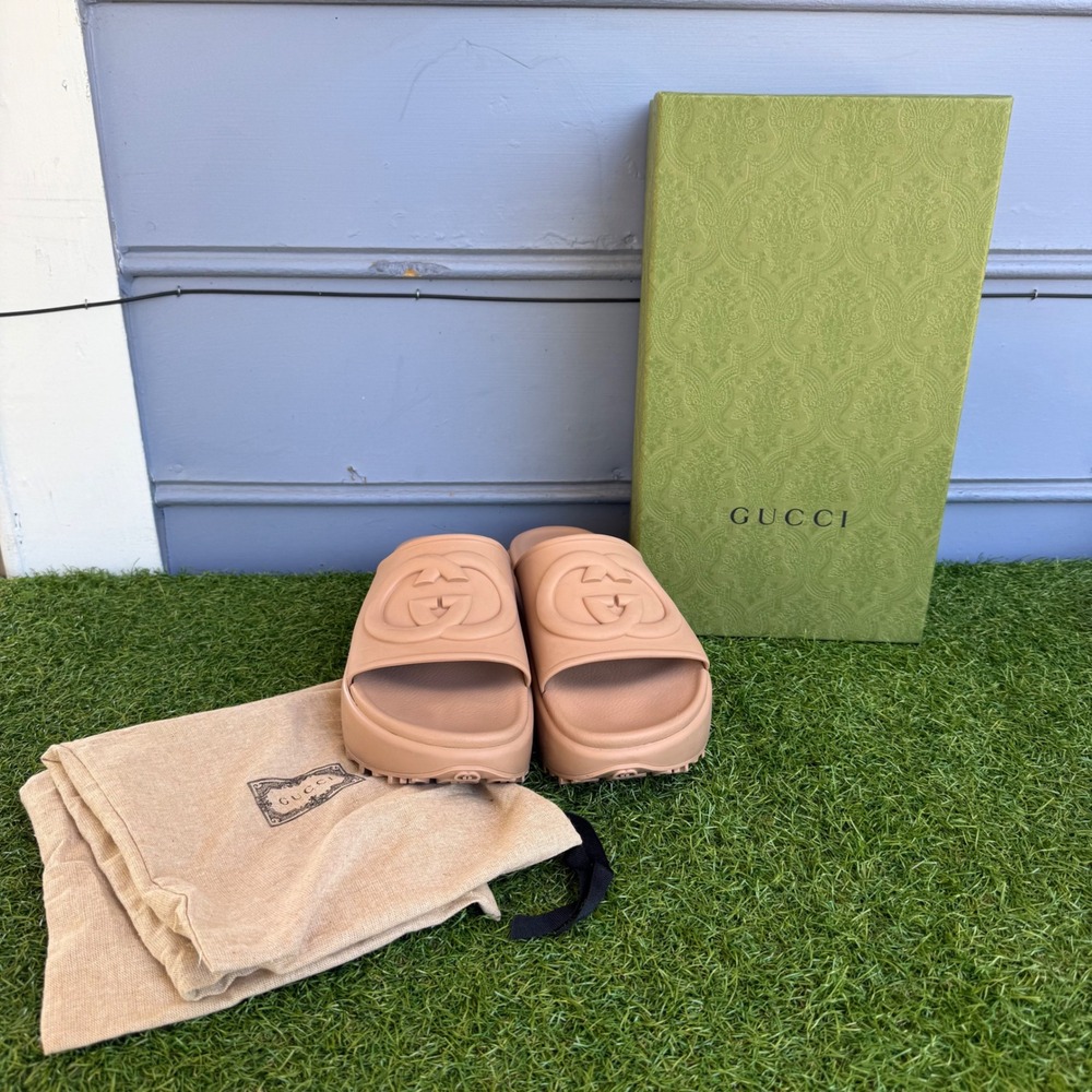 Gucci Rubber GG Platform Slide Sandals Vintage Camel 692845 Size US 11 EU 41
